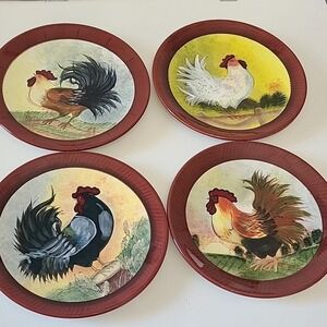 Susan Winget Rooster Dinner Plates Designed For Cracker Barrel Store Set 4 - Red
